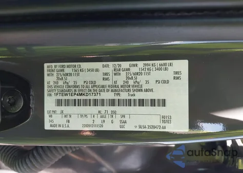 2021 Ford F-150 Xlt z USA, uszkodzony, nr VIN 1FTEW1EP4MKD17371